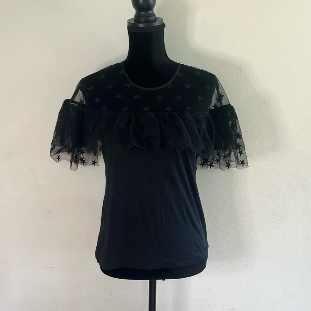 J Crew Black Star Patterned Tulle Top